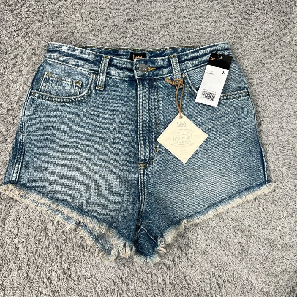 Lee Shorts Women 27 Blue Solid Frayed Hem Denim High Rise Casual Vintage NWT